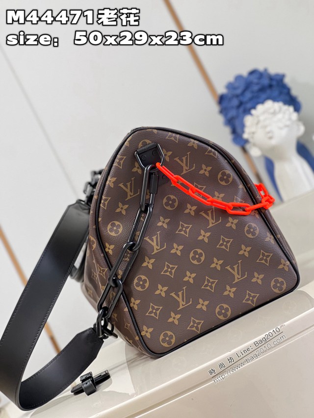 LV專櫃2023新款KEEPALL 50旅行袋 M44471老花 路易威登Monogram花紋搭配啞光橘色鏈帶旅行包 dn1153